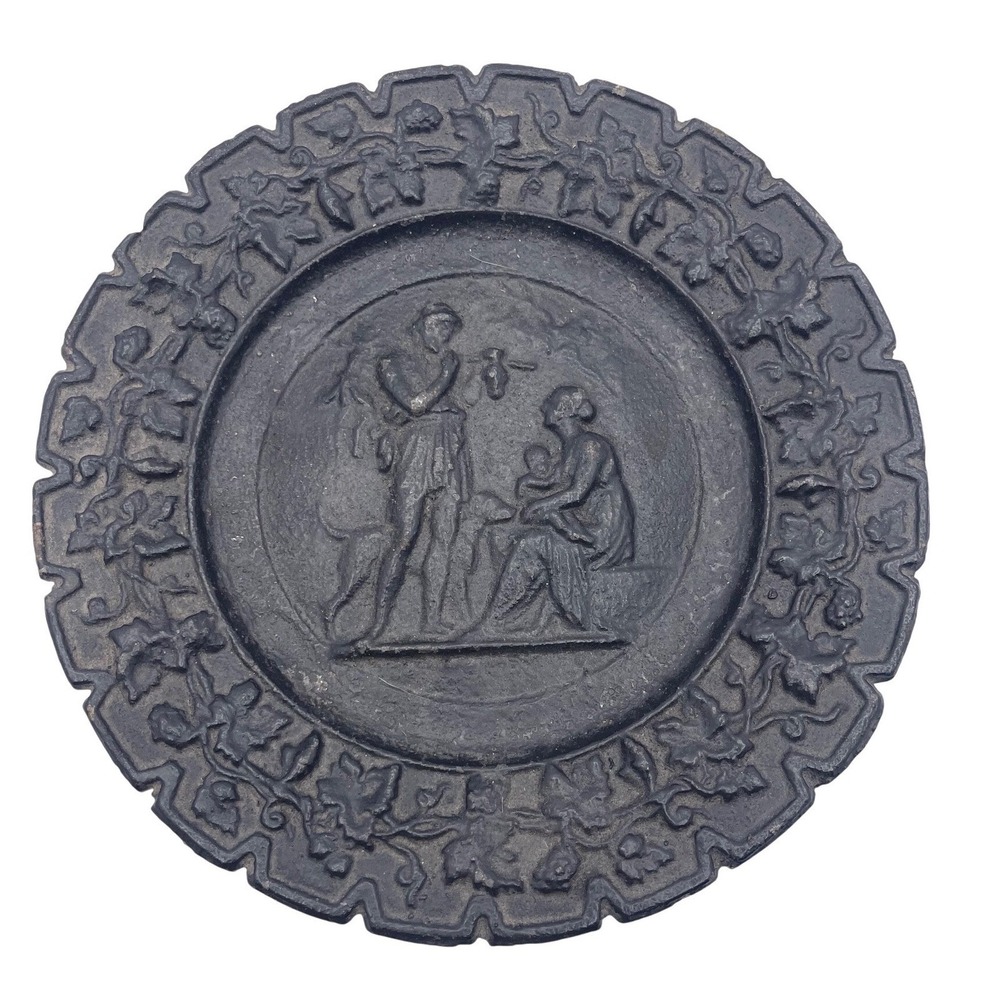 Vintage Cast Iron Wall Plaque Decorative Plate Relief Scene Vine Border